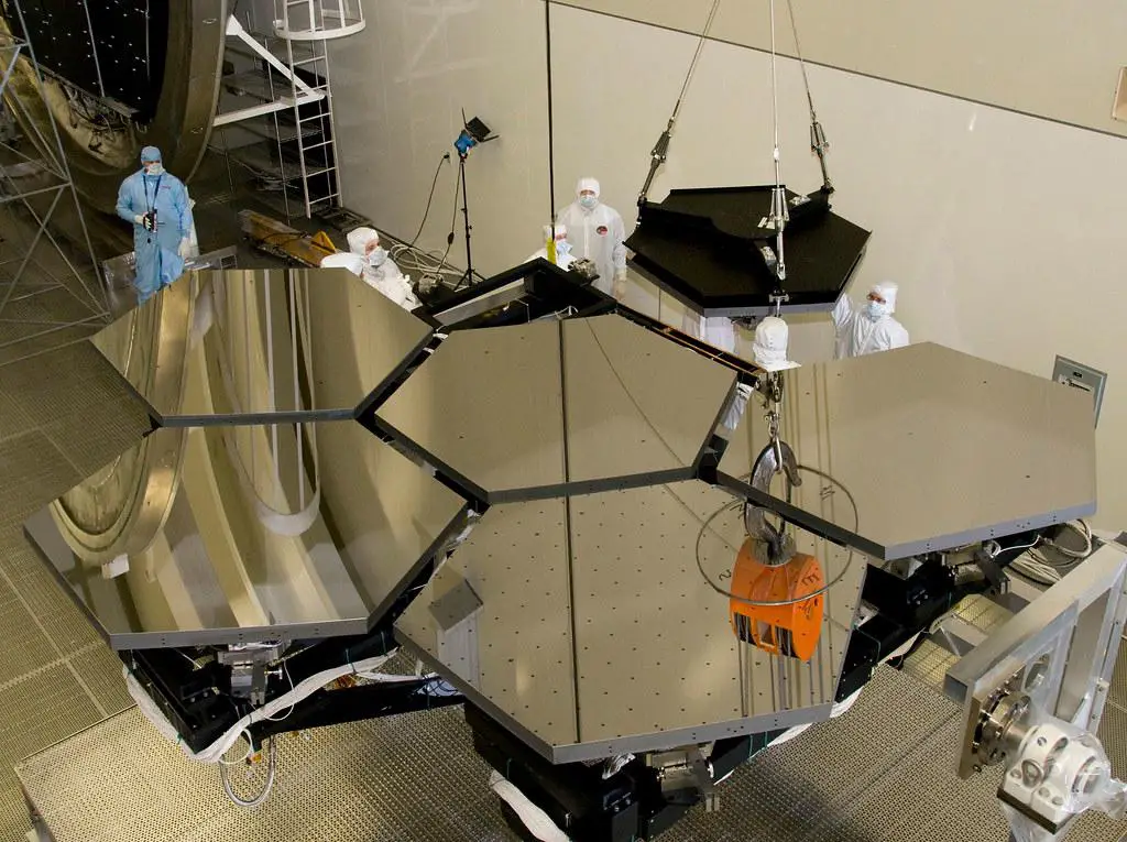 Closeup of James Webb Space Telescope's primary mirror segments and sunshield