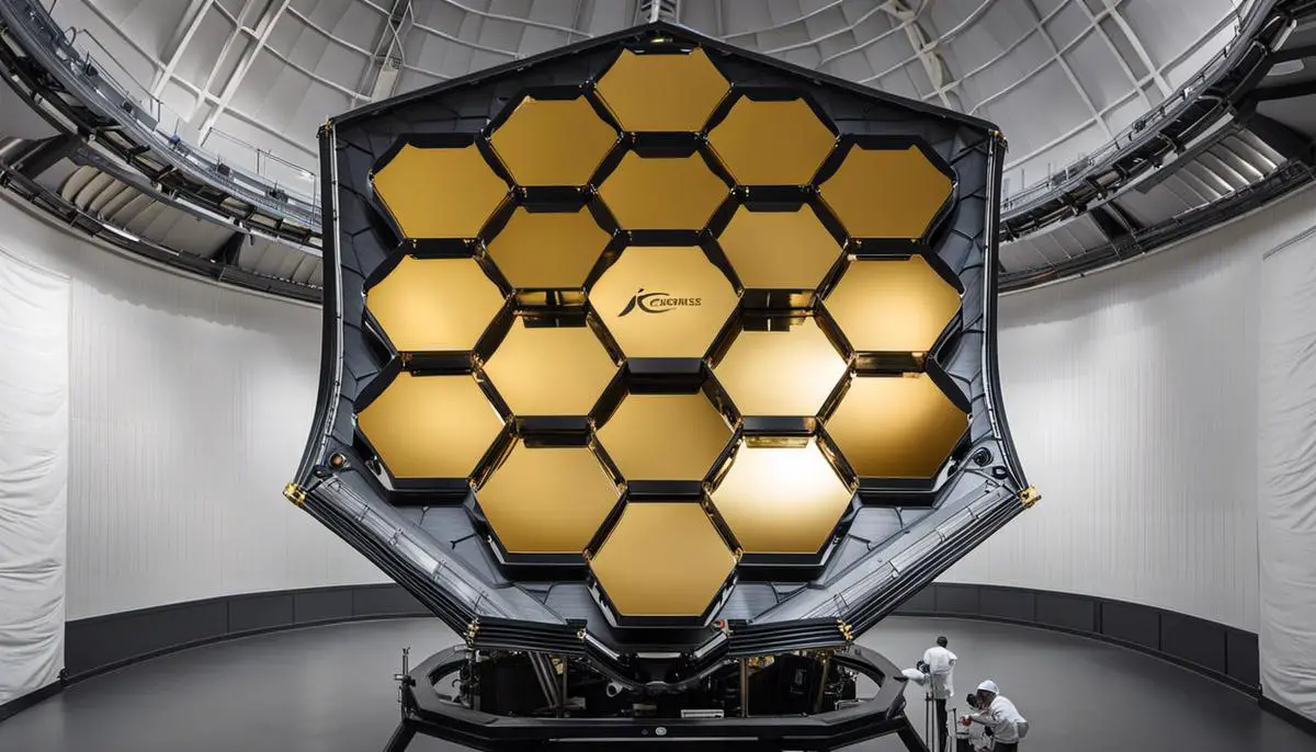 An image of the James Webb Space Telescope, showcasing its massive gold-coated mirror and advanced instruments.