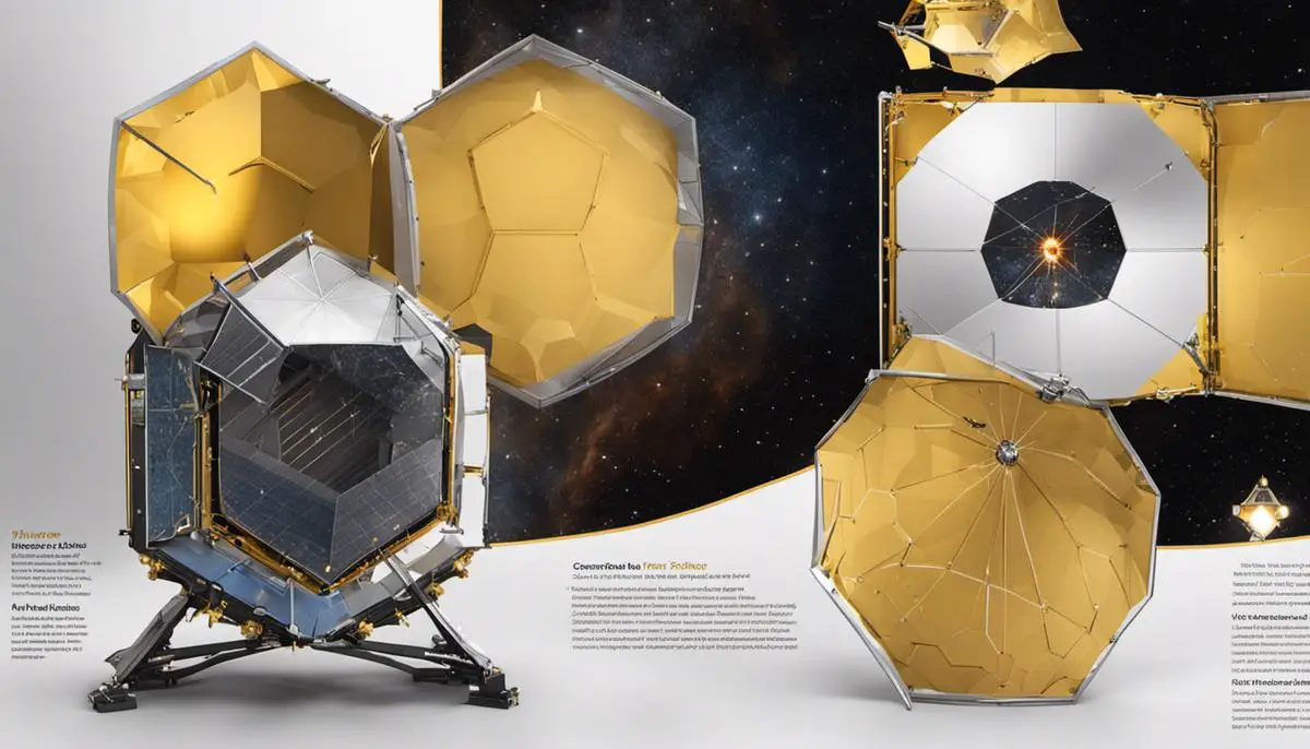 Illustration of the design elements of the James Webb Space Telescope, including the sunshield and the mirror segments.