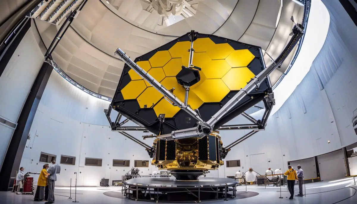 An image of the James Webb Space Telescope, showcasing its impressive size and innovative design.