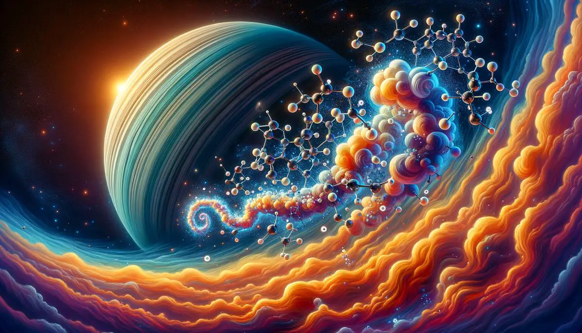 Artistic visualization of K2-18b's atmosphere, showing molecular structures of methane, carbon dioxide, and dimethyl sulfide