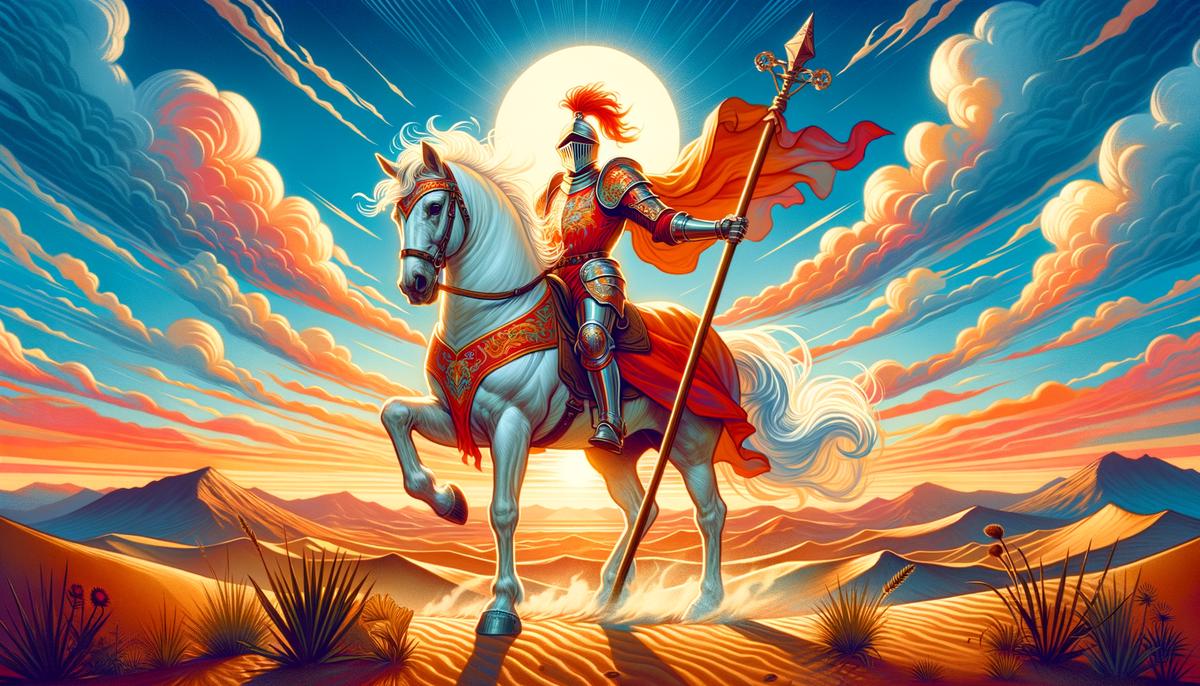 The Knight of Wands tarot card depicted in vibrant colors, showing a knight on a rearing horse