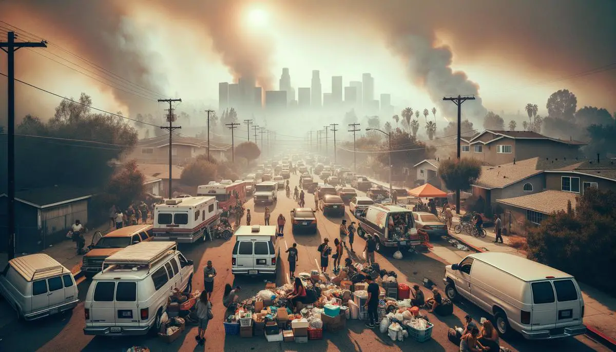 Residents evacuating a Los Angeles neighborhood with cars packed full of belongings, smoke visible in the background