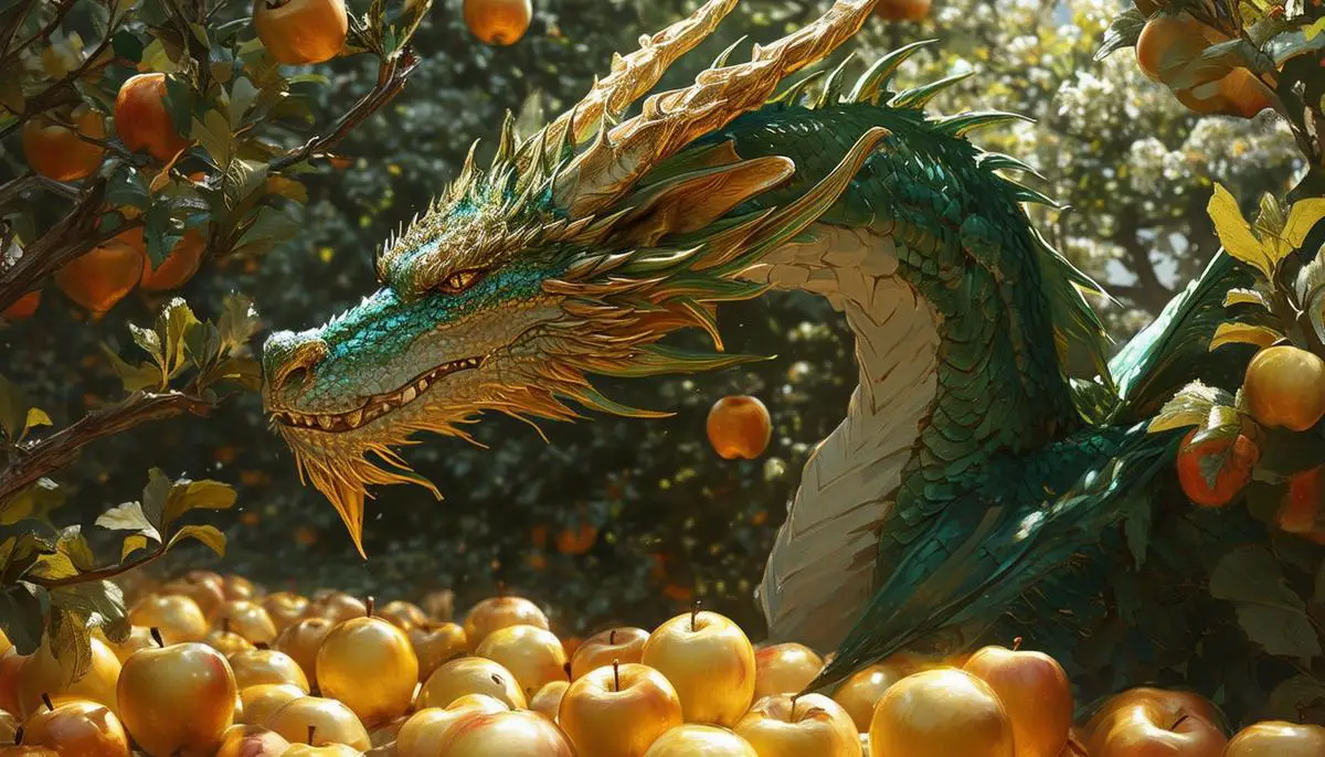 Mythical depiction of Ladon, the hundred-headed dragon, guarding the golden apples in the garden of the Hesperides