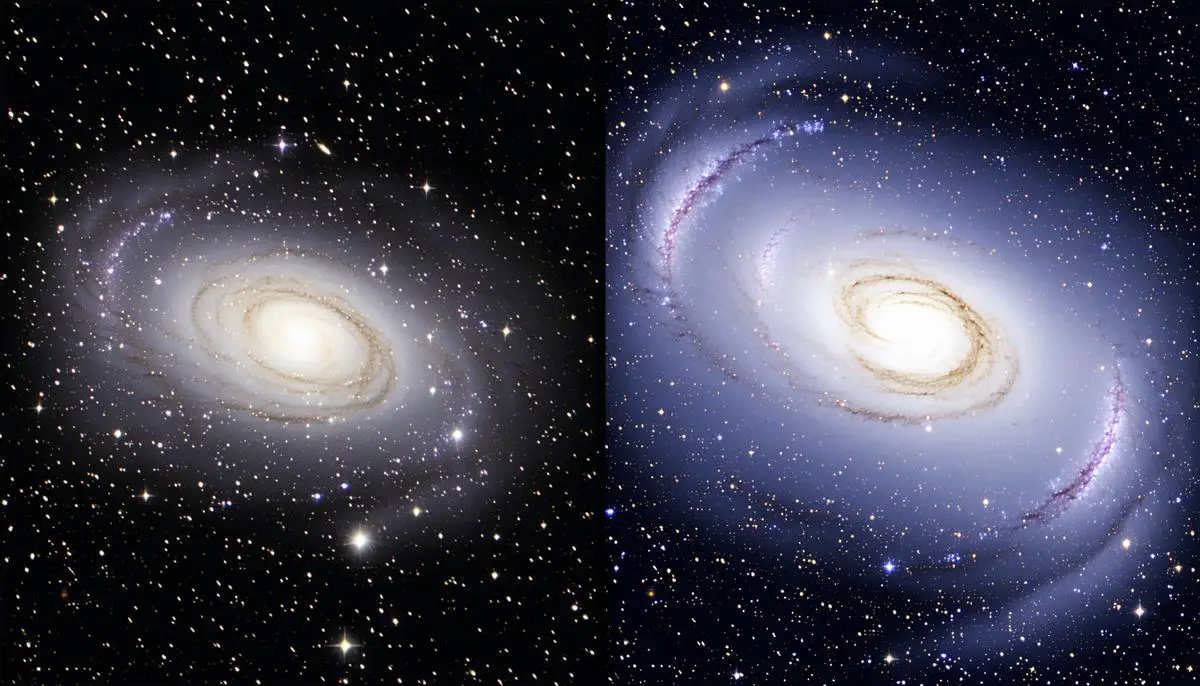 A side-by-side comparison of late-type and early-type galaxies, showcasing their distinct characteristics