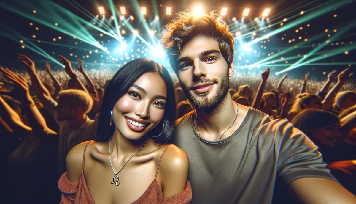 An excited couple at a lively concert, with the woman wearing a Leo zodiac necklace