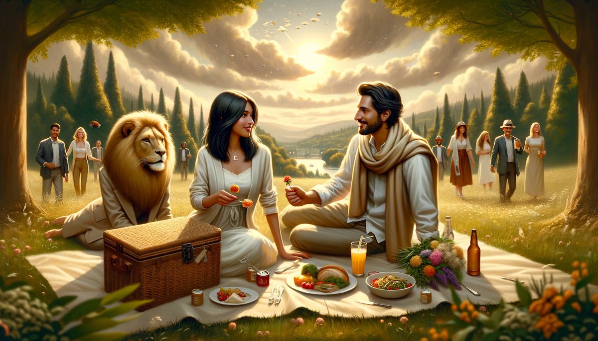 A Leo couple enjoying a romantic picnic in a lush park, with other Leo singles mingling at a nearby social gathering