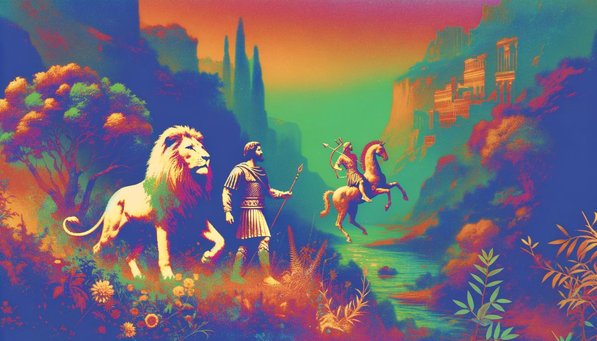 A Leo figure and a Sagittarius figure embarking on an exciting adventure together