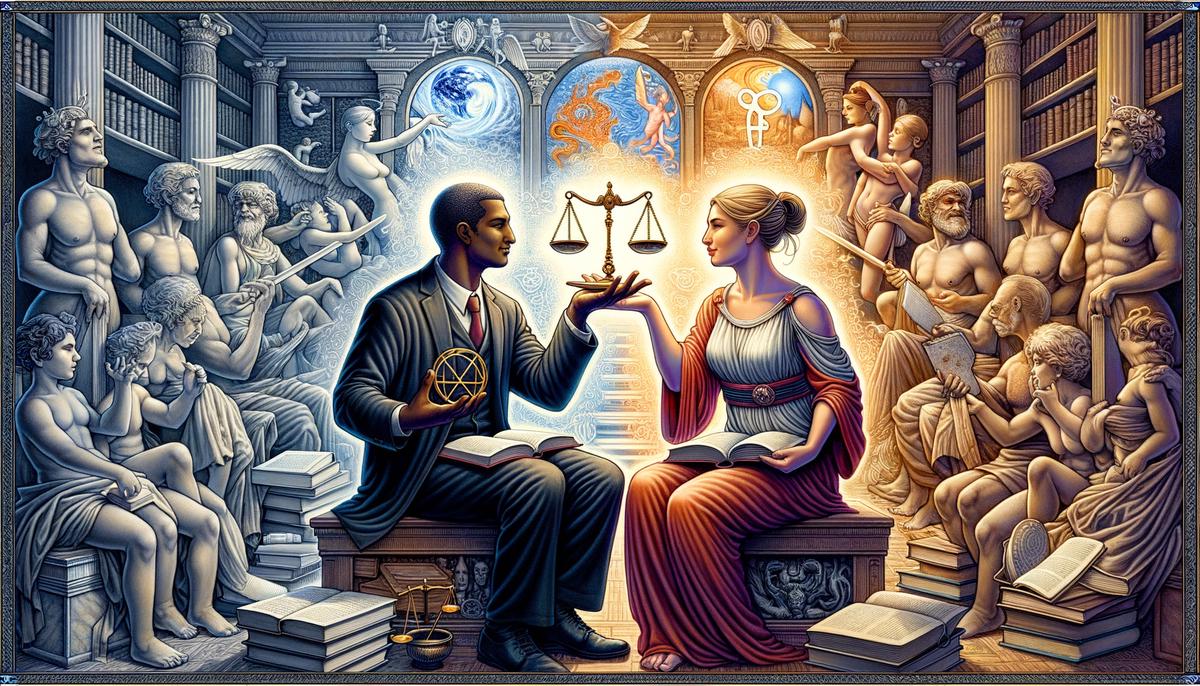 Two figures representing Libra and Gemini engaged in a lively conversation surrounded by books and art