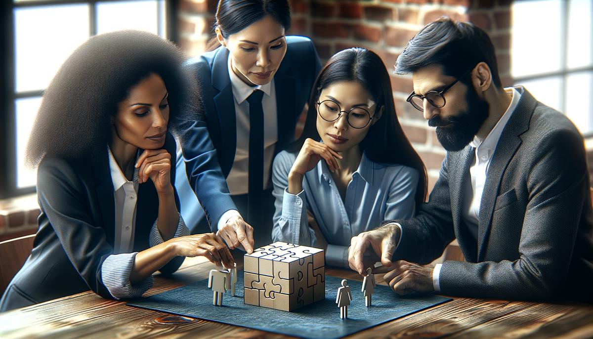 A person confidently tackling a complex puzzle representing work challenges