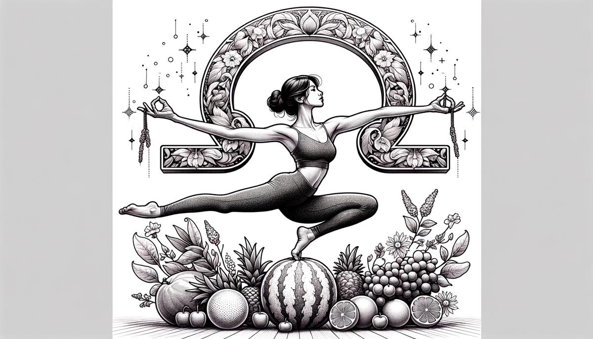 A person in a yoga pose balancing on a giant Libra zodiac symbol