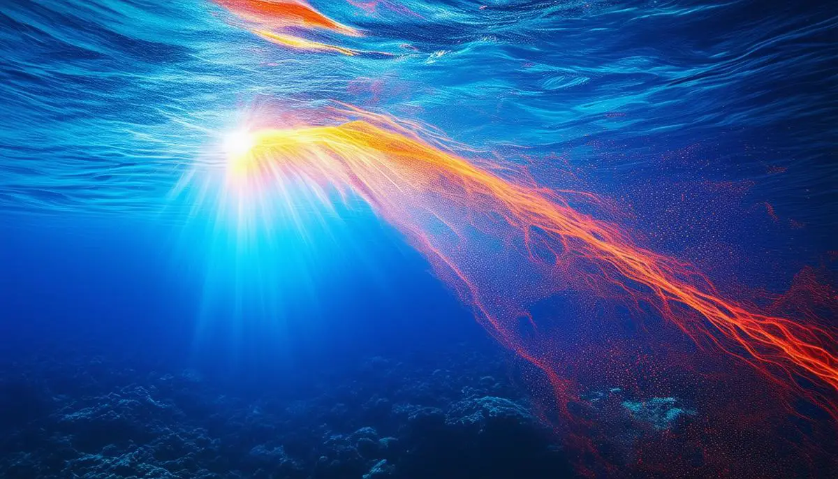 An underwater scene depicting the absorption and scattering of light in the ocean, with longer wavelengths like red and orange being absorbed quickly, while shorter wavelengths like blue penetrate deeper, creating the characteristic blue hue of the ocean.