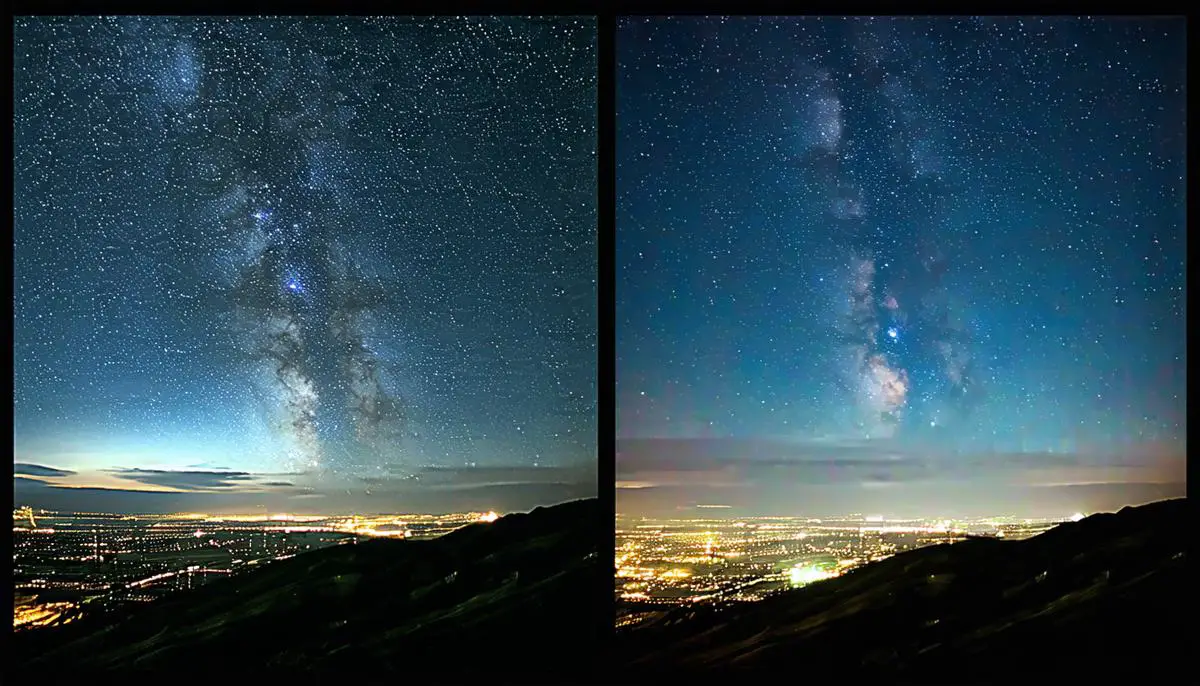 A split-screen comparison of a clear starry sky and a light-polluted urban sky