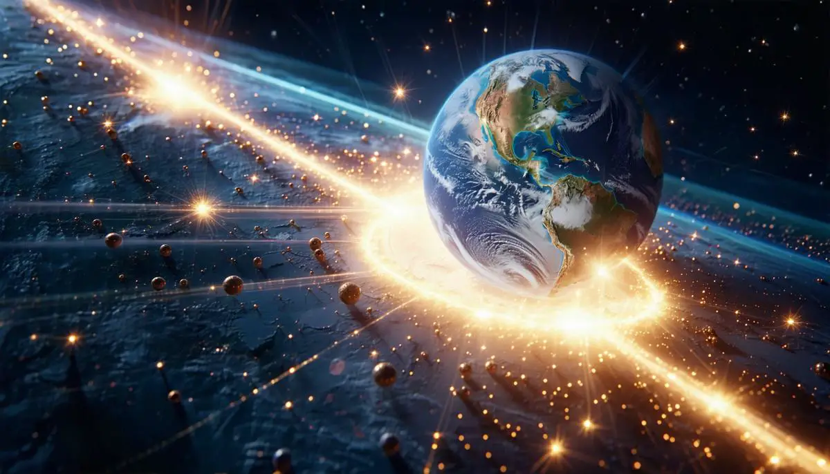 A visual representation of light traveling for one year, with Earth and distant celestial objects