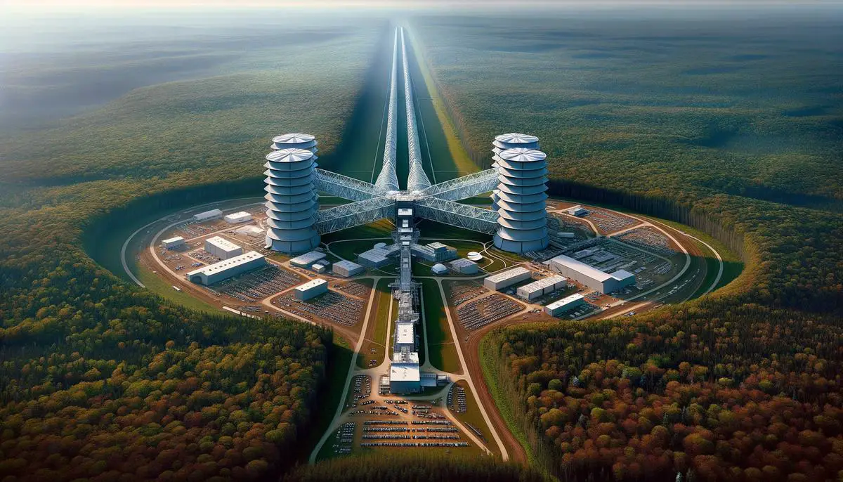 An aerial view of one of the LIGO detectors, showing its long perpendicular arms in a natural landscape