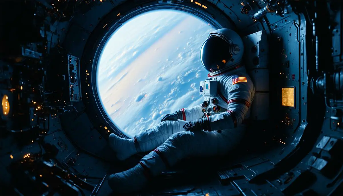 A solitary astronaut floating in a confined space capsule, looking out at the stars