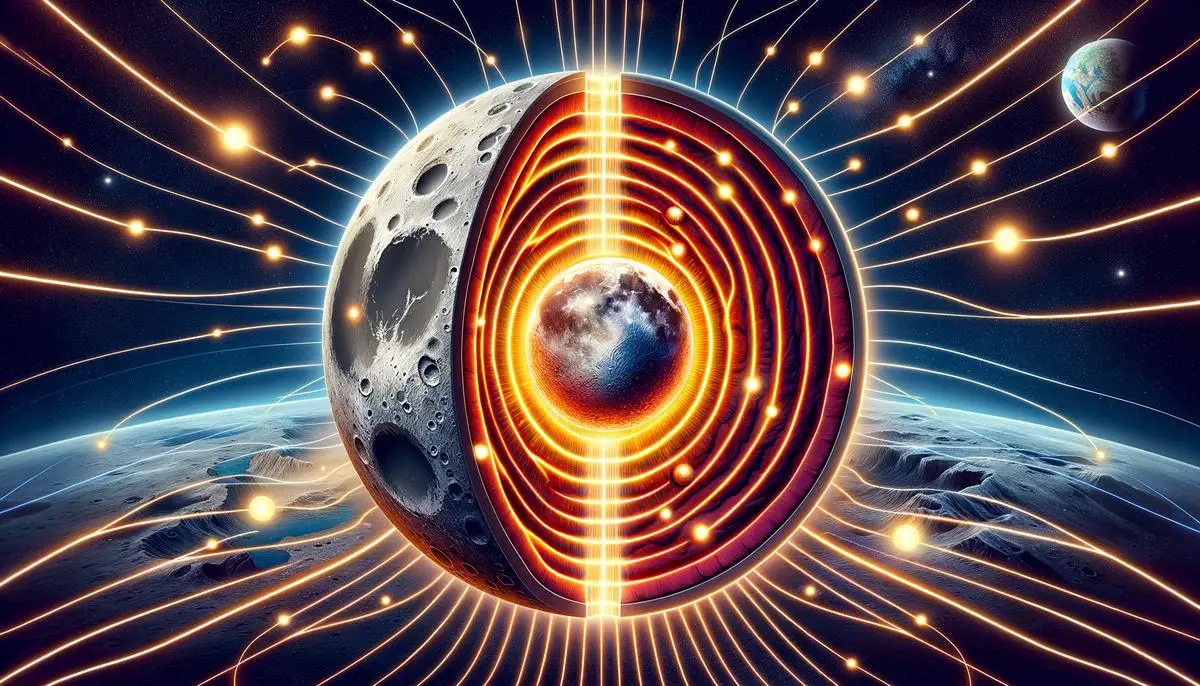 Cutaway view of the Moon showing its molten core and magnetic field lines