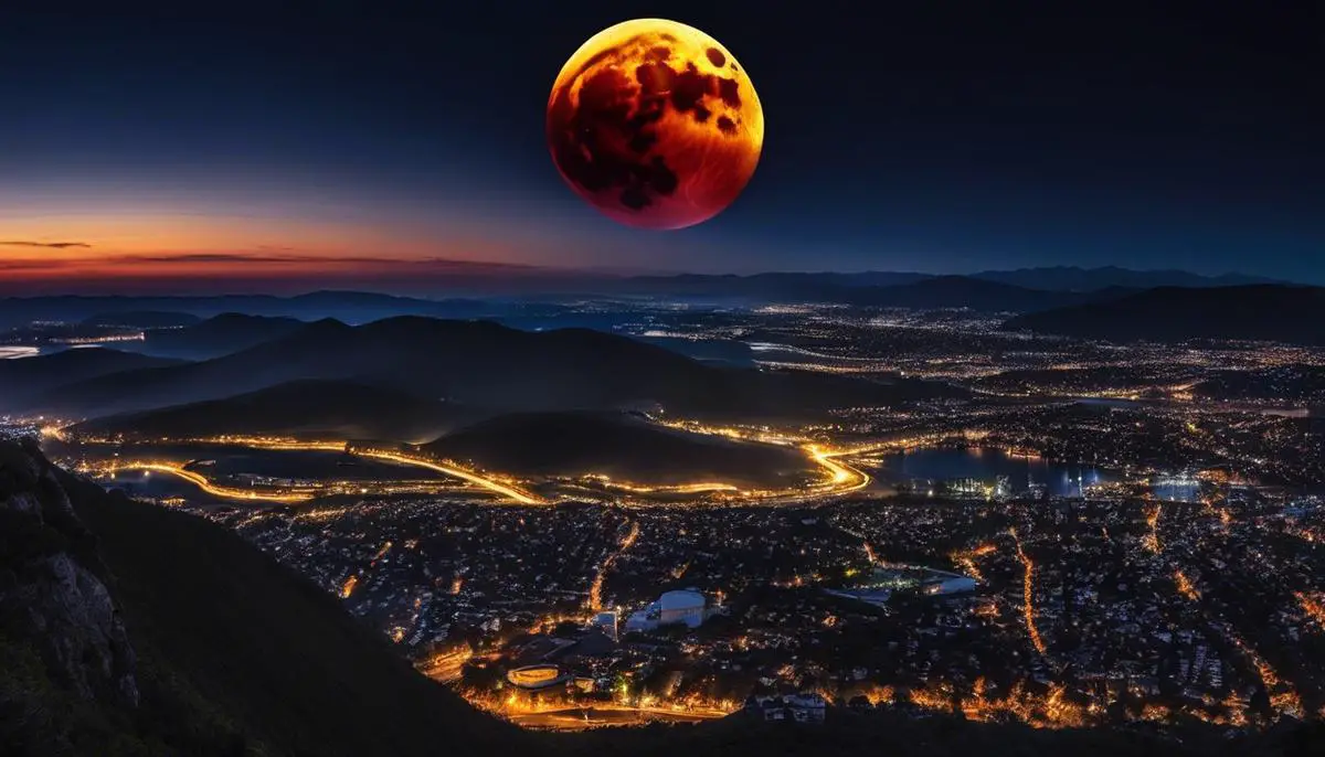 A breathtaking image capturing the moment of a lunar eclipse, with the Moon partially obscured by Earth's shadow.