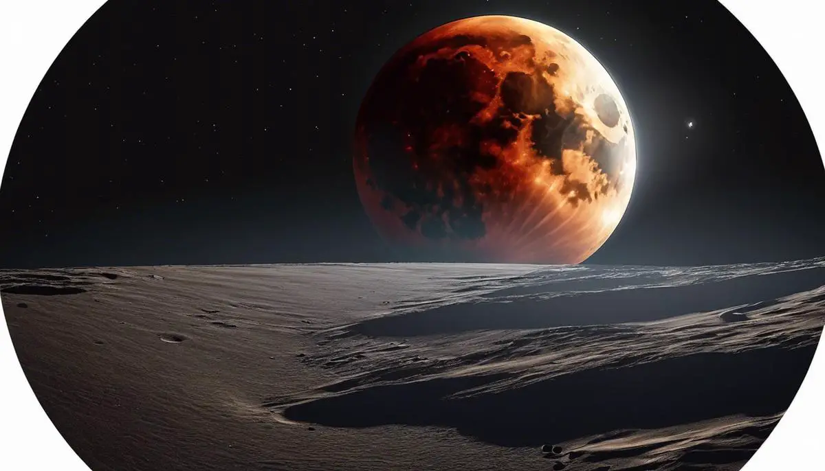 Illustration of a lunar eclipse, with the Moon between the Sun and Earth, casting a shadow on the Moon's surface