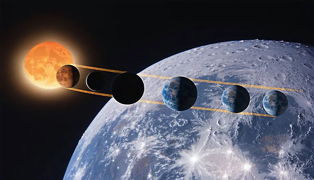 A diagram showing the positions of the Sun, Earth, and Moon during a total lunar eclipse, with Earth's shadow casting over the Moon