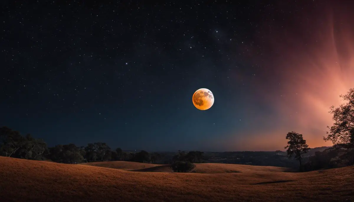 Image of a beautiful lunar eclipse occurring in October 2023, showing the moon partially covered by Earth's shadow, surrounded by stars in the night sky.