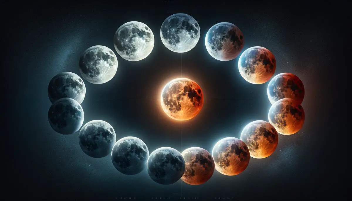 A series of images showing the progression of a lunar eclipse, from the full moon to total eclipse where the moon turns reddish, then back to full.