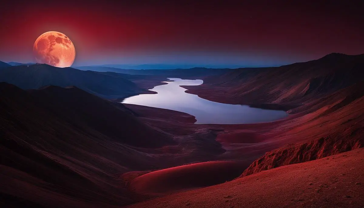 A breathtaking image of a lunar eclipse, showcasing the moon partially immersed in the Earth's shadow, with the surrounding sky displaying a gradient of colors from bright to deep red.