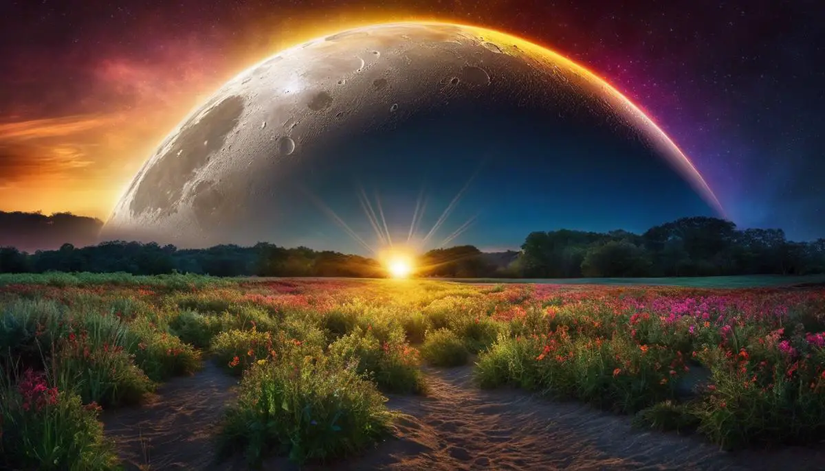 An image of the moon with vibrant colors and rays of light surrounding it, representing the transformative energy of the Full Moon