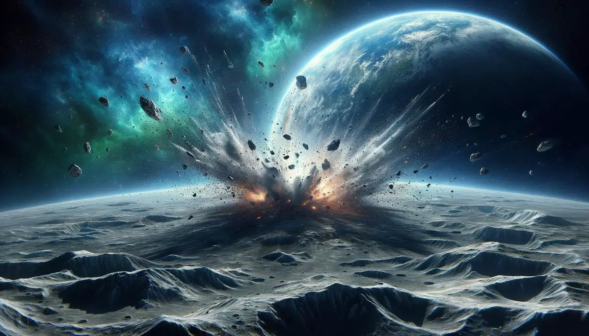 An artistic representation of a large impact on the Moon's surface, with debris being ejected into space