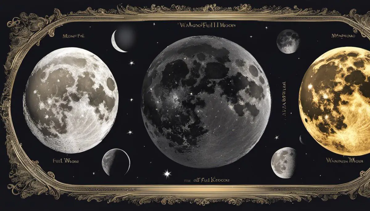 Illustration of the different phases of the moon, from new moon to full moon to waning crescent.