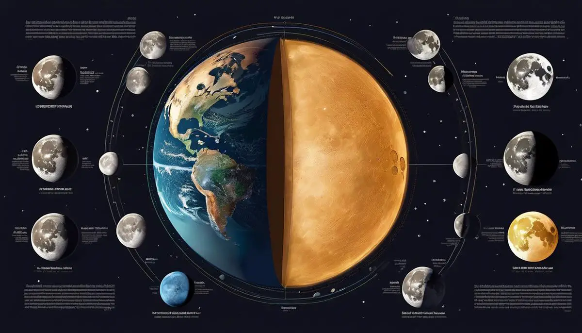 Illustration of moon phases showing the different positions of the moon relative to Earth throughout its cycle