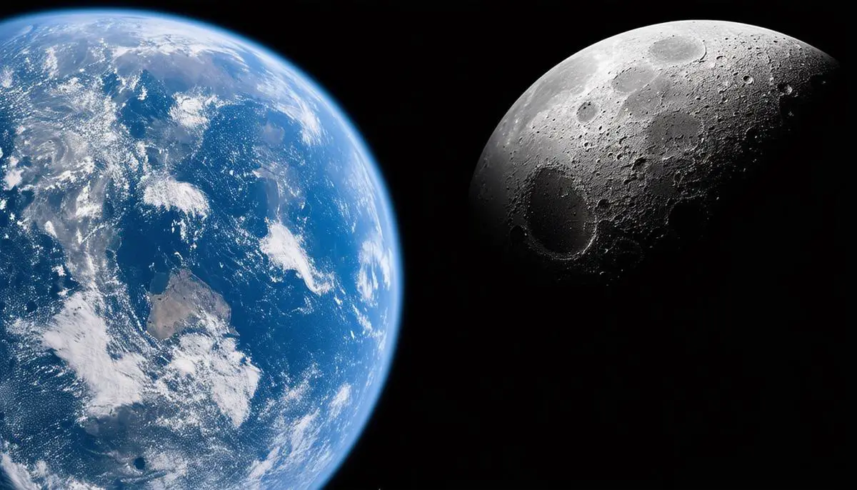 A side-by-side comparison of Earth's blue sky and the Moon's black sky during daytime