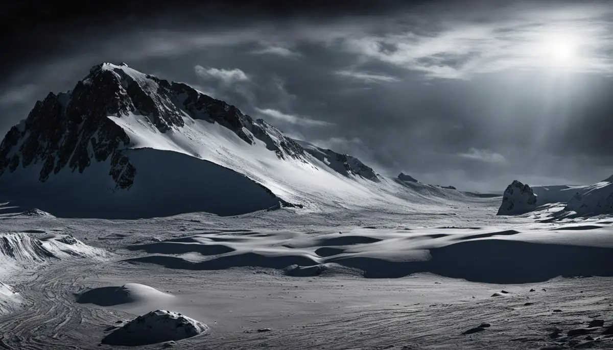 An image depicting the rough terrain and dark environment of the lunar South Pole.