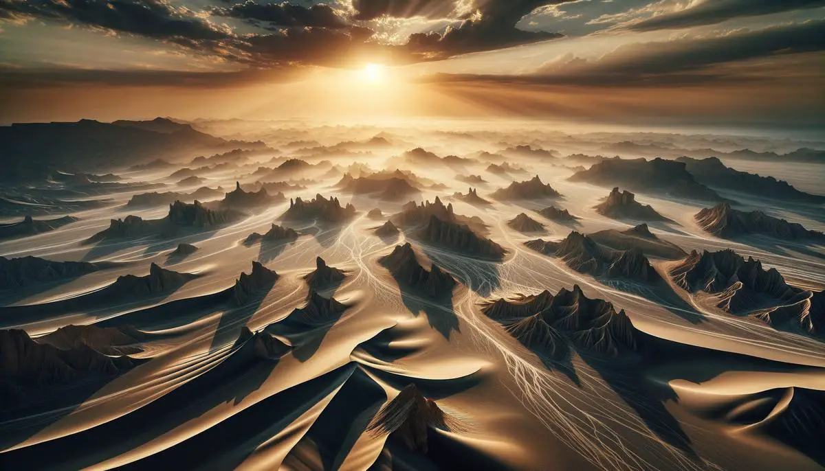 Otherworldly landscape of the Lut Desert with dark sand plains, winding dunes, and distinctive yardang formations