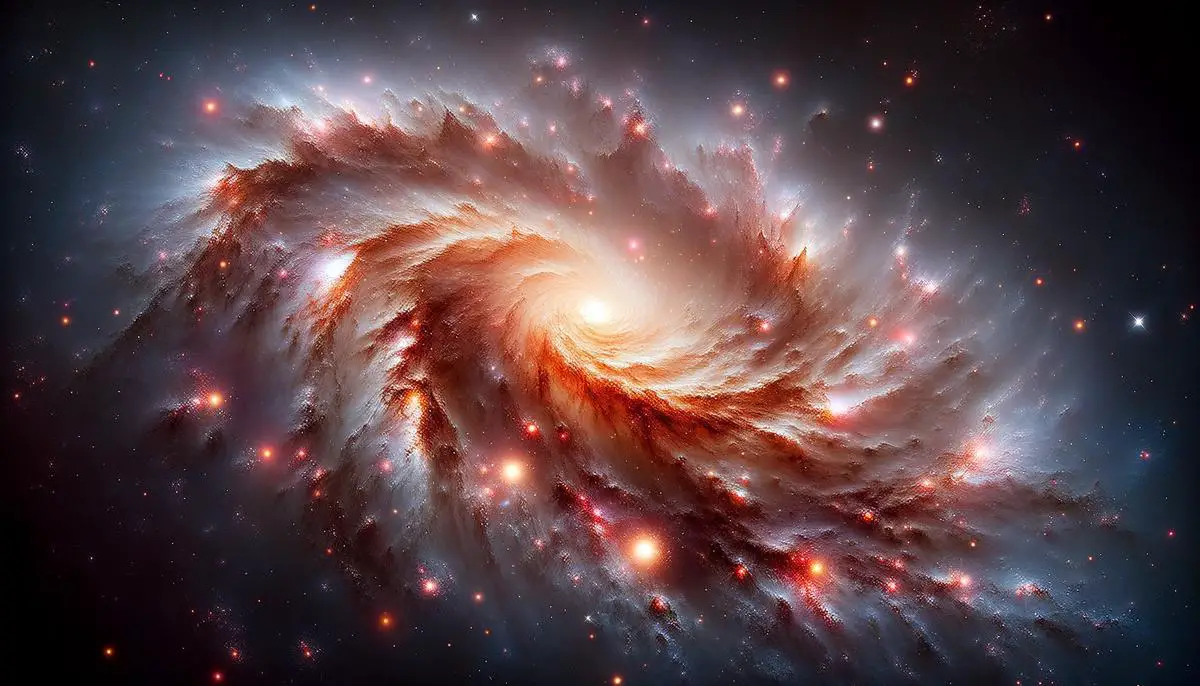 An infrared image of the Messier 82 galaxy showing intense star formation and galactic winds, with visible dust lanes and molecular structures