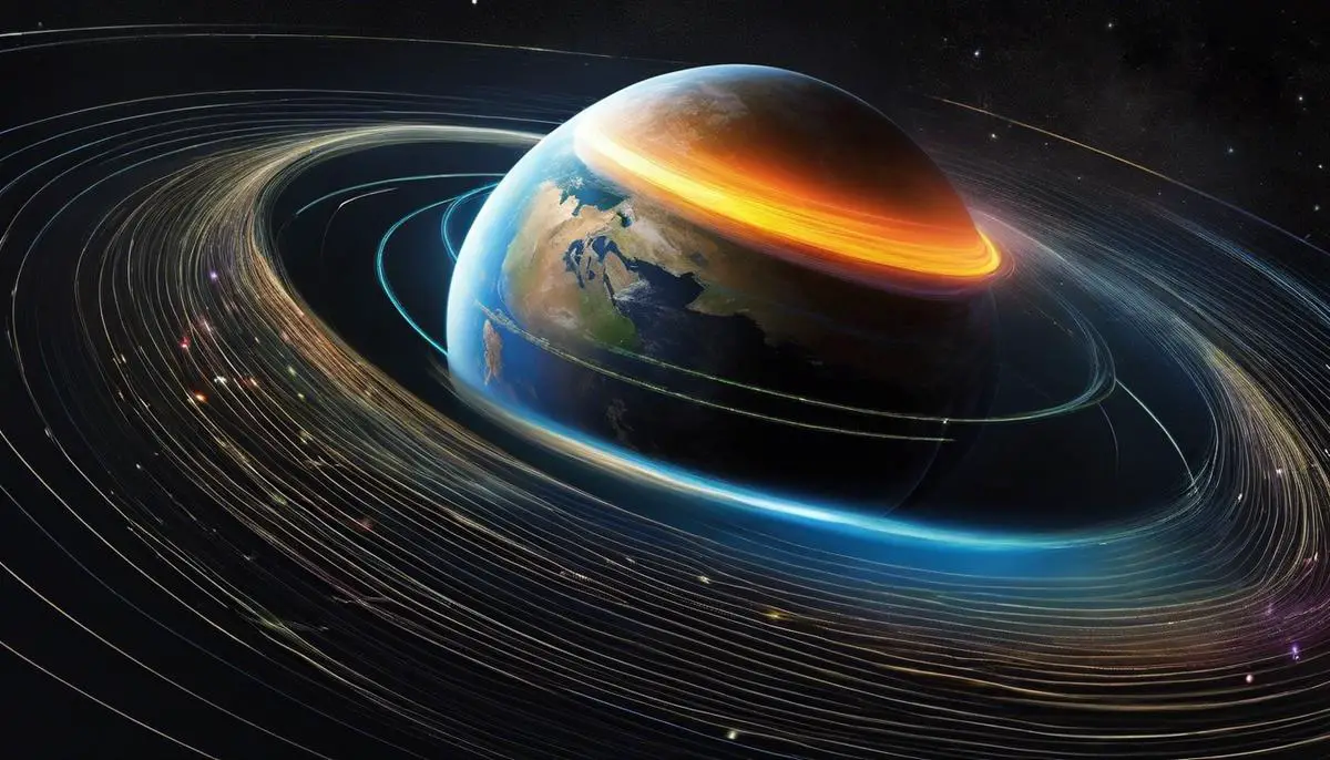 Illustration showing the magnetosphere around a planet with a diagram of its complex magnetic fields for visually impaired individuals to understand the text better