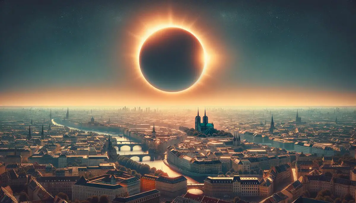 A partial solar eclipse visible over a European cityscape