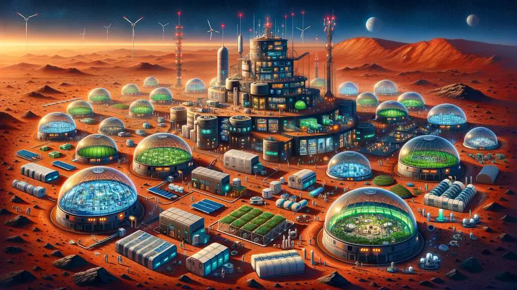 Futuristic vision of a self-sustaining Mars city in 2050