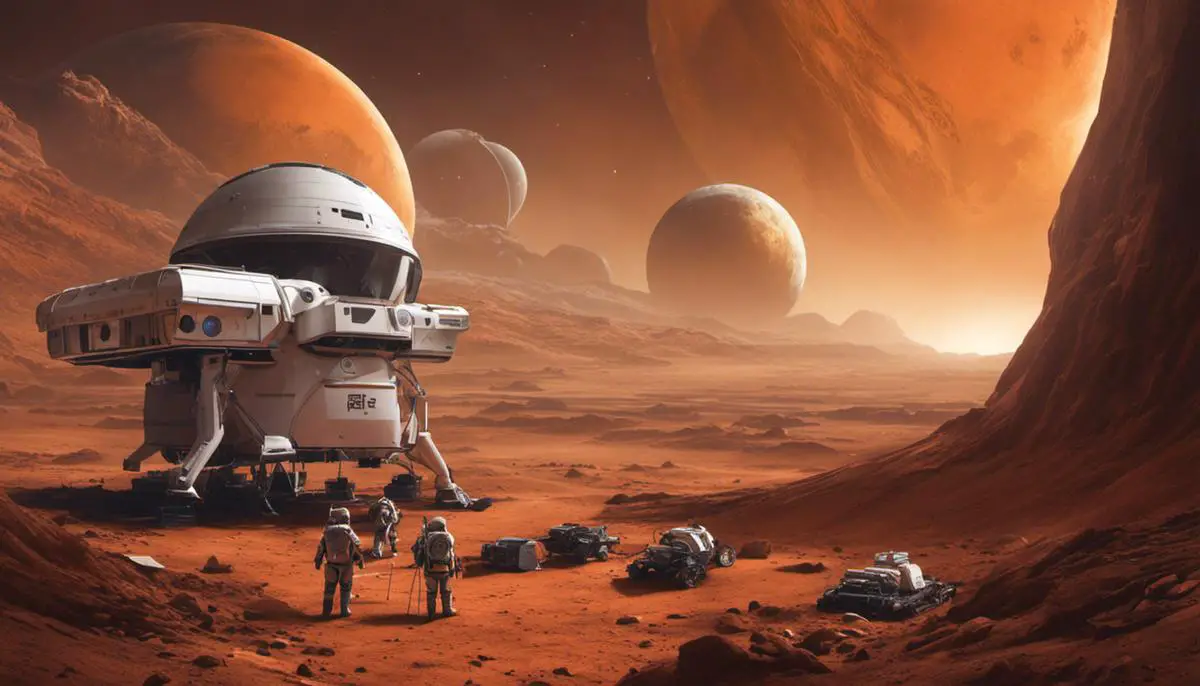 Illustration showing the challenges of Mars colonization, including radiation, thin atmosphere, resource extraction, and psychological impact on colonists.