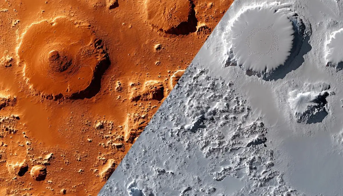 Composite image showing both the North and South Pole ice caps of Mars, highlighting their different compositions and seasonal changes