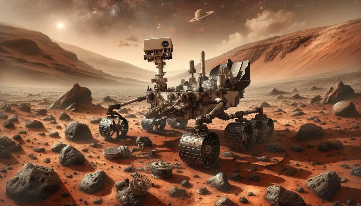 An illustration of NASA's Curiosity Rover exploring the surface of Mars