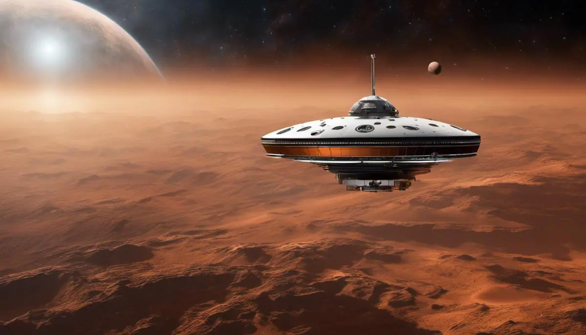 An image depicting a spacecraft traveling towards Mars in outer space