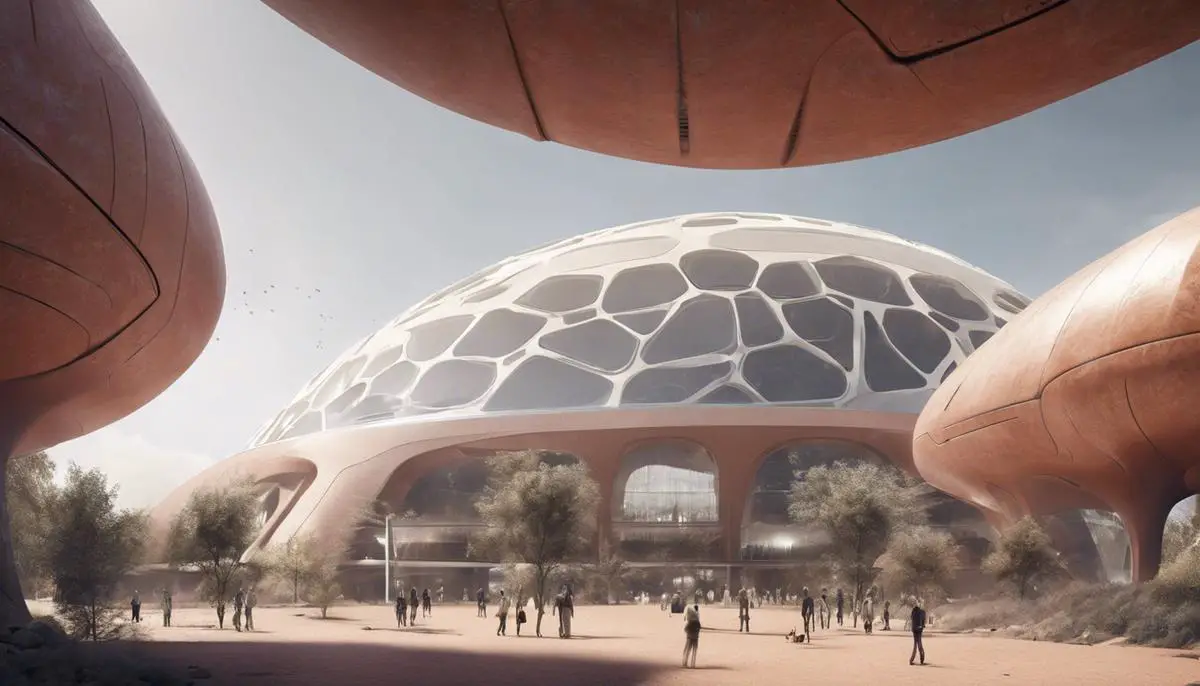 A futuristic Martian bio-domed sports arena showcasing advanced architectural design and sustainable features