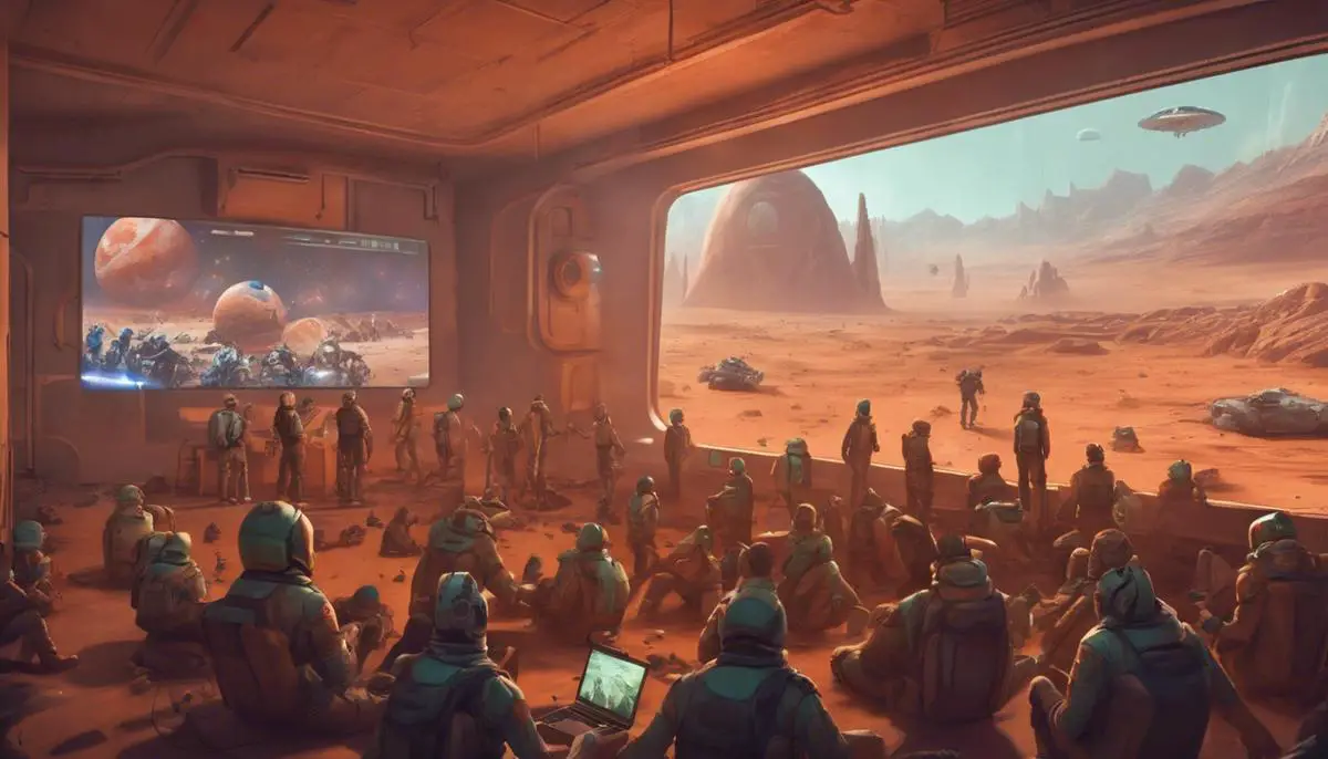 Martian colonists gathered in a communal space, watching a thrilling sports event on a large screen