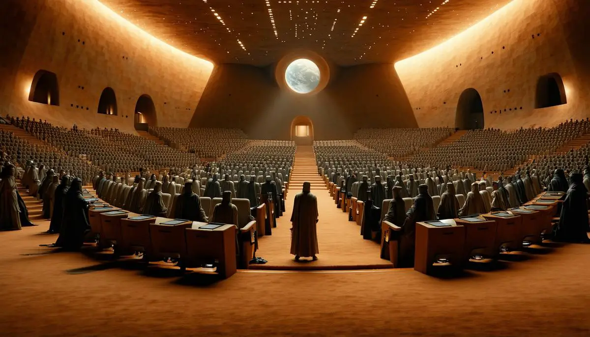 A diverse group of people in a Martian government assembly hall