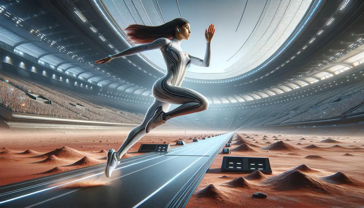 An athlete performing a record-breaking long jump in a Martian sports arena