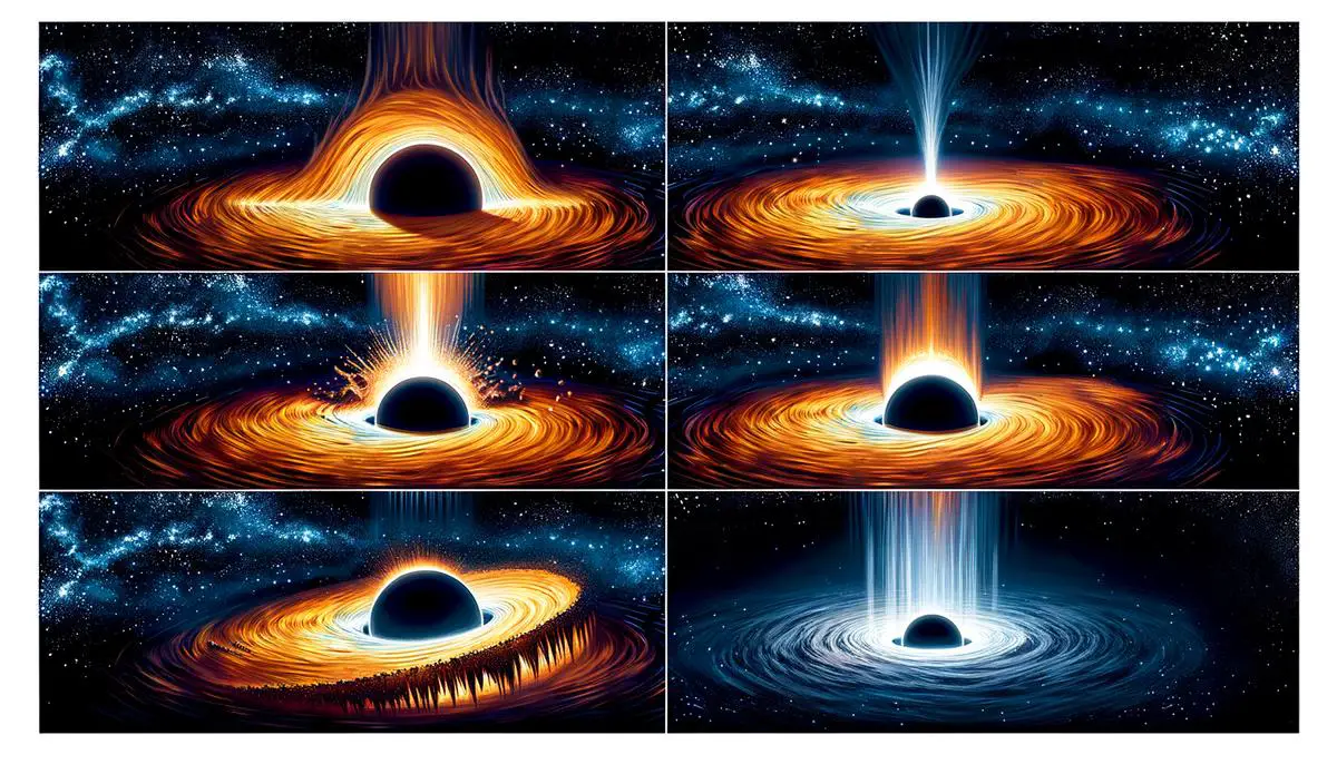 A sequence showing a massive star collapsing into a black hole, with the core imploding and outer layers being ejected