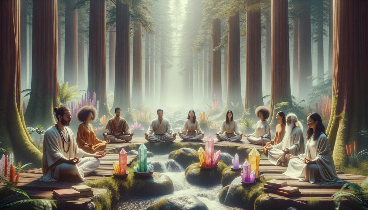 A diverse group of people meditating in a serene natural setting, surrounded by various spiritual symbols