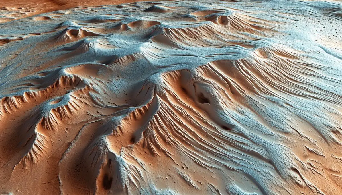 Wind-sculpted features of the Medusae Fossae Formation on Mars, showing ridges and grooves in the landscape