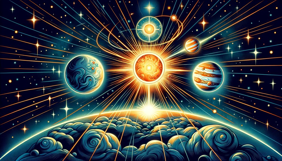 An artistic representation of Mercury, Venus, and Jupiter in alignment, symbolizing improved communication and optimism